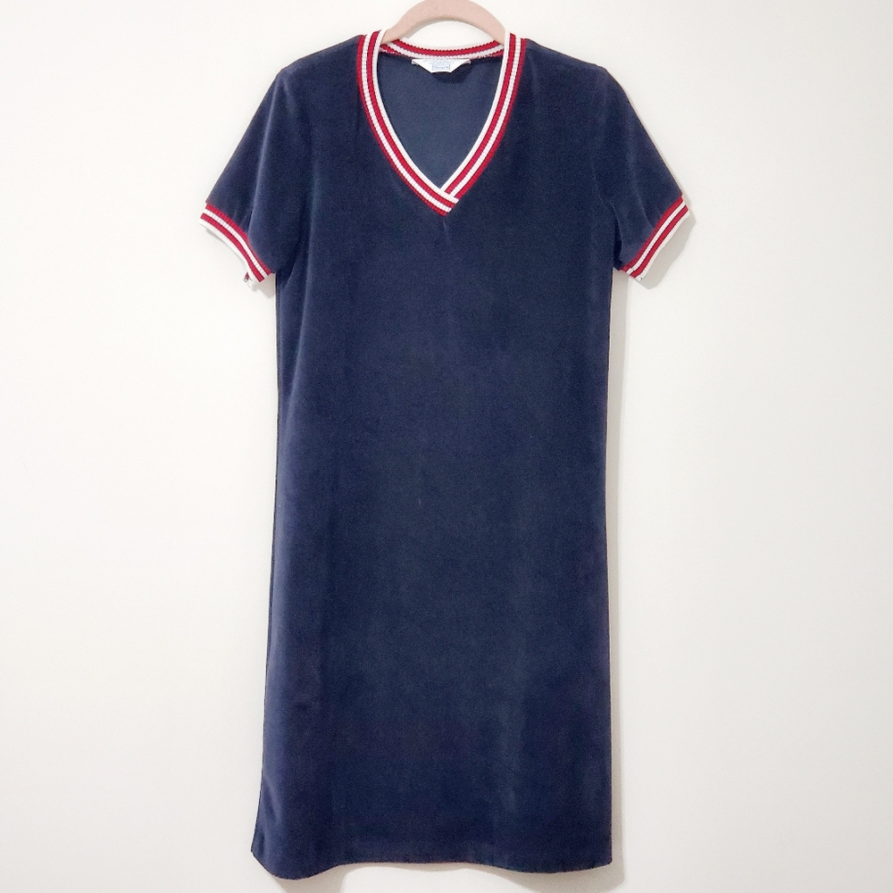 Vintage 80s Sears Navy Terry Cloth Velvet V-neck Dress M/L
